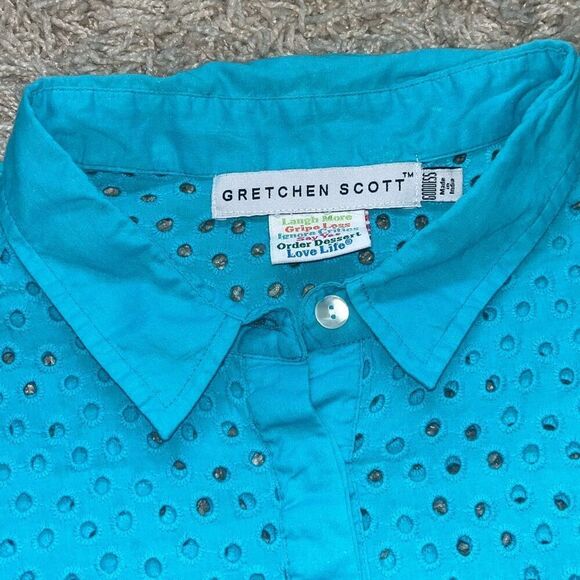 Gretchen Scott Popover Eyelet Collared 1/2 Button 3/4 Sleeve Shirt Teal Women’s - Picture 2 of 11